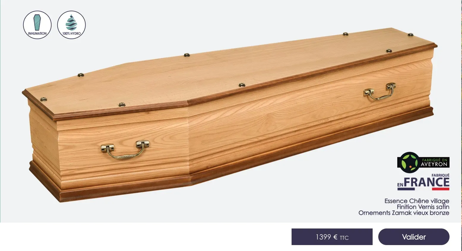 Cercueil en bois clair modèle Pacy fabriqué en France.