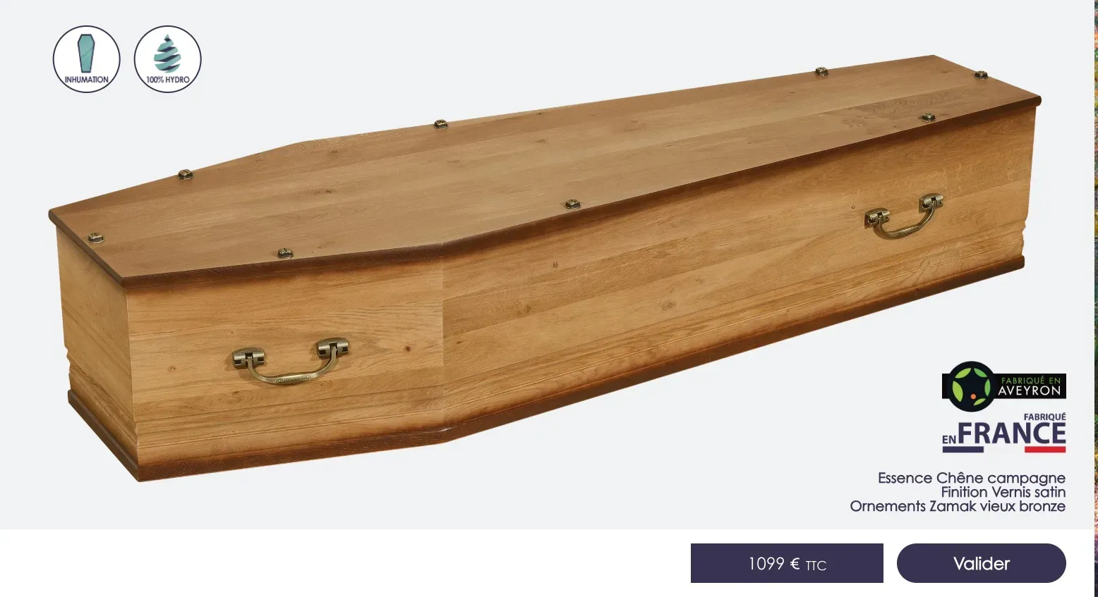 Cercueil en bois teinté modèle Paréac fabrication française.