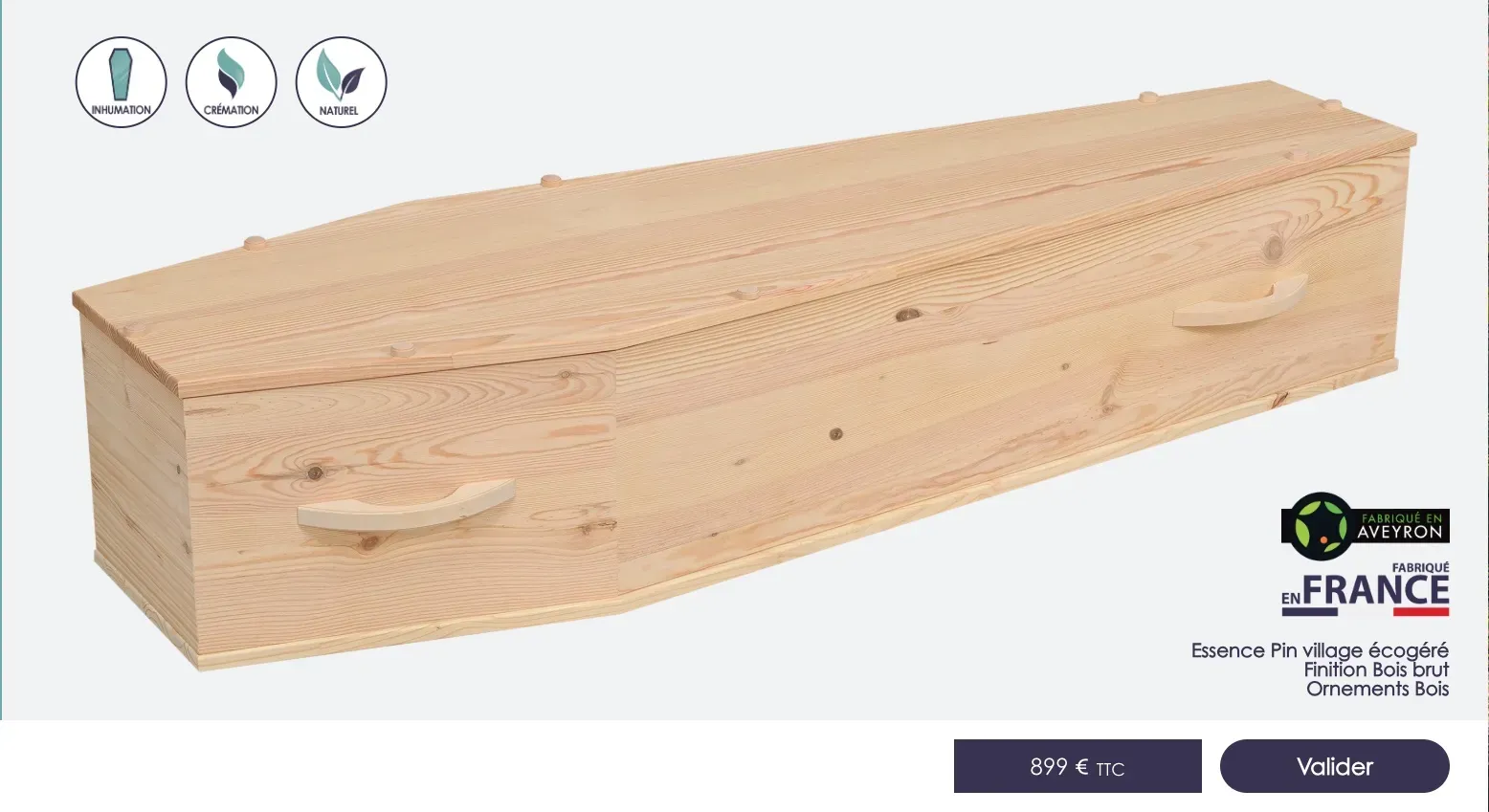 Cercueil en bois clair modèle Natubois fabriqué en France.