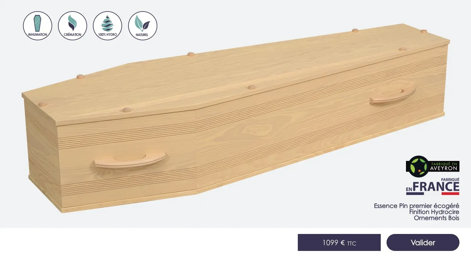 Cercueil en bois clair modèle Nubie fabrication française.