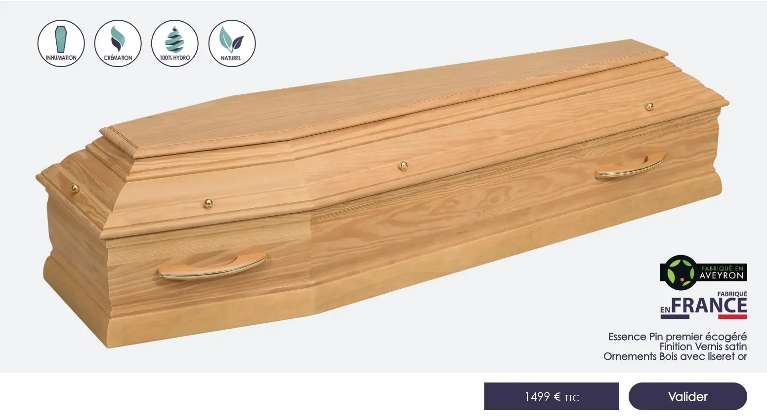 Cercueil en bois modèle Talensac pour obsèques.