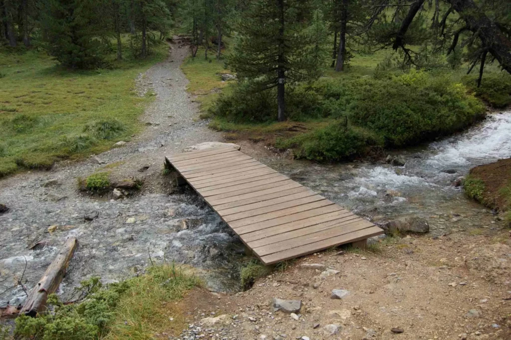 Petit pont de bois traversant un ruisseau de montagne, symbole de passage.